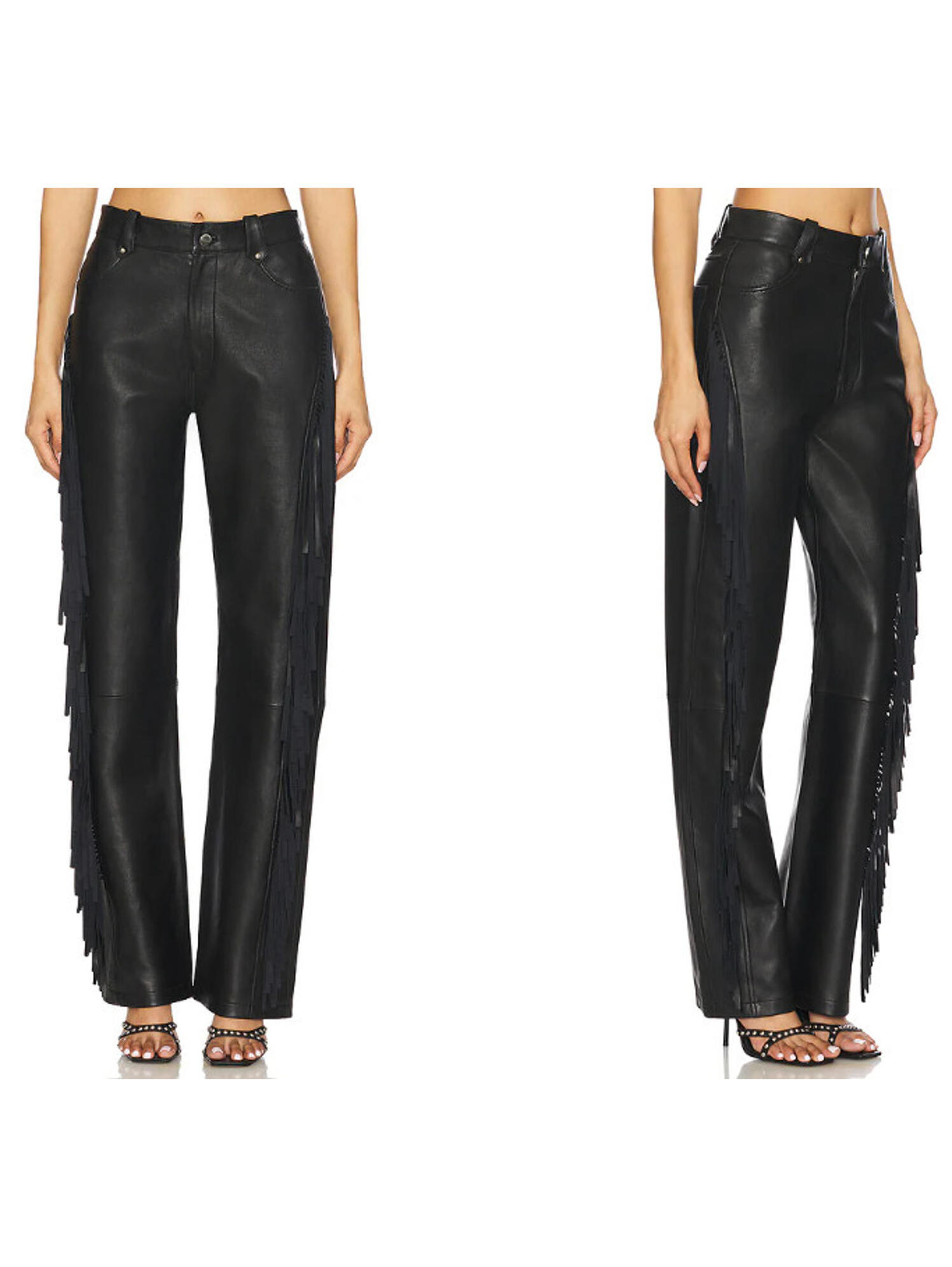 Lamarque Wendy Leather Pant Black Fringed Accent At Seams Size 31 Nwt $595msrp
